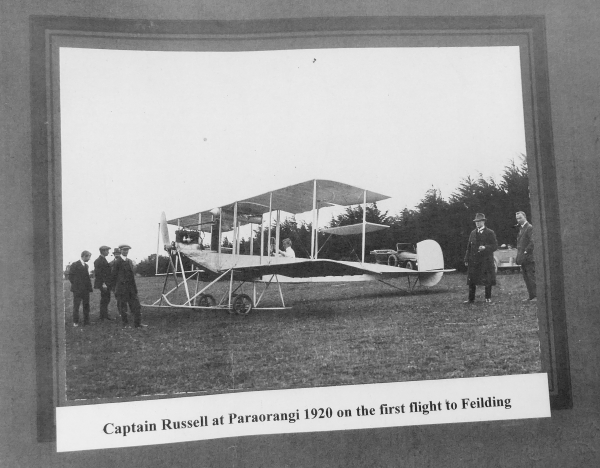 Captain Richard Russell at Paraorangi, Feilding on the first flight into Feilding in 1920